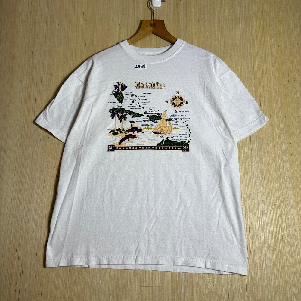 Vintage Isla Catalina Shirt Mens Large White Short Sleeve Graphic Print Tourist